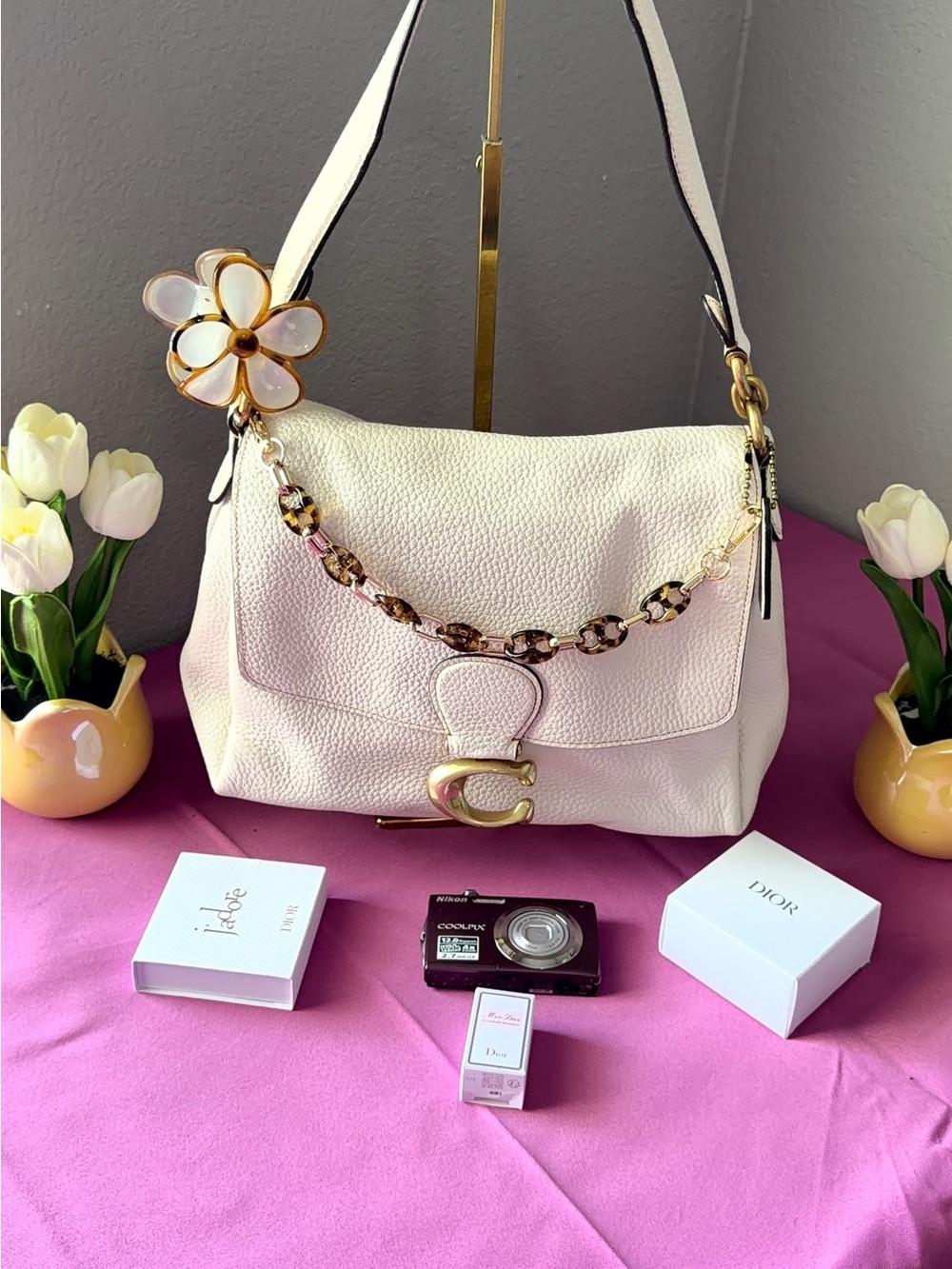 Cream Shoulder Bag with Gold Hardware